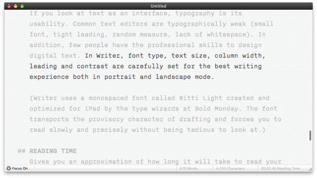 Fokus-Modus hebt einzelne Sätze hervor.